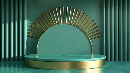 Elegant teal and gold podium stage with a sunburst design, offering a glamorous setting