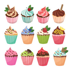 Cupcake vector set. Party element. Sweet dessert clipart. Birthday element. Flat vector in cartoon style isolated on white background.