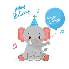 Elephant with party hat and balloon. Birthday element. Elephant birthday. Flat vector in cartoon style isolated on white background.