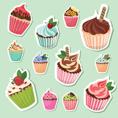 Cupcake sticker. Party element. Sweet dessert clipart. Birthday element. Flat vector in cartoon style isolated on white background.