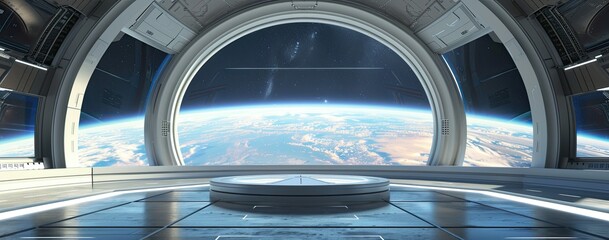 Futuristic space station view overlooking Earth, ideal for sci-fi themes, space exploration, and futuristic presentations