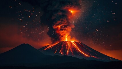 Fototapeta premium An epic shot of a volcano erruption with smoke clouds and flowing hot lava. Scenic view of a smoking volcano mount peak with cloud of ashes over the sunset sky.