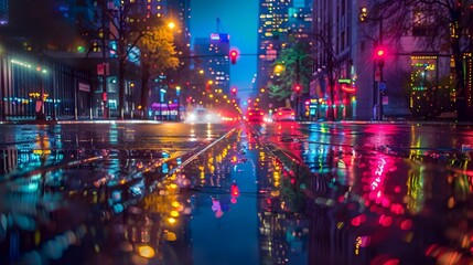 Fototapeta premium Dazzling Cityscape Reflected on Wet Urban Streets at Night