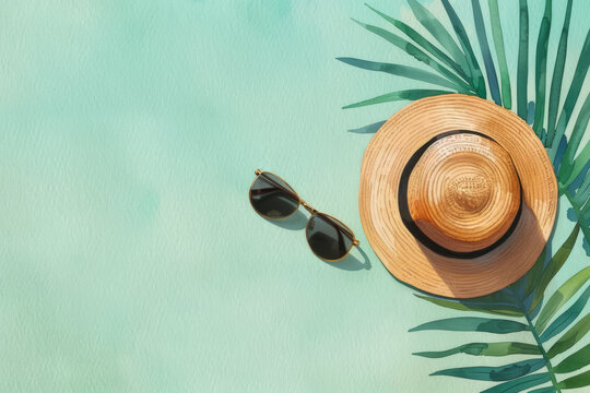 Straw hat and sunglasses on a palm leaf background, epitomizing summer vacations and tropical getaways