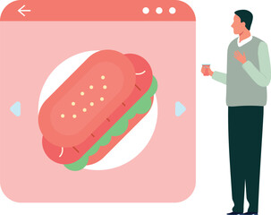 A boy is looking at burger on the web page.