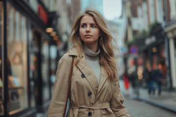 Fototapeta premium Urban Morning Stroll: Woman Walking in City Street