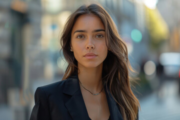 Obraz premium Young Woman in Urban Setting at Dusk