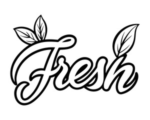 Lettering contour Fresh calligraphic with leaves, healthy eating concept, eco bio products, fresh food,on white background. Vector illustration