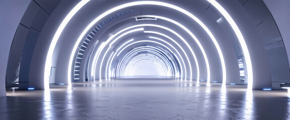 Obraz premium White background 3D room light abstract space technology tunnel stage floor. Empty white future 3D neon background studio futuristic corridor render modern interior silver road black wall design gray