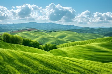 Obraz premium Idyllic Green Rolling Hills and Colorful Sky Over Countryside Landscape for Nature Photography