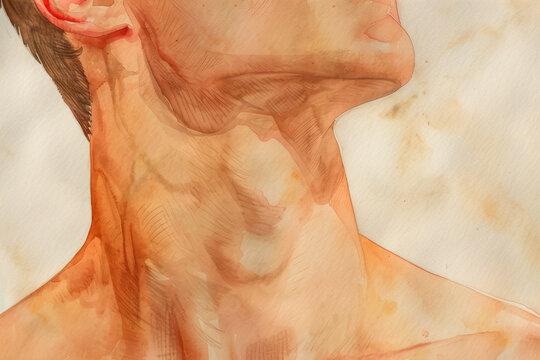 Watercolor painting of a young Caucasian man's neck and jawline emphasizing vulnerability and self-reflection, ideal for themes of masculinity and introspection