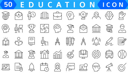 Education Line Editable Icons set. Vector illustration in modern thin line style of school icons: school subjects, supplies, science, and online learning. Isolated on white