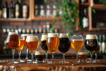 Glasses with different sorts of craft beer on wooden bar. Tap beer in pint glasses arranged in a row. Concept for celebrating 2nd August - International beer day