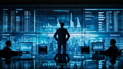 Business Leader Reviewing Financial Data on Digital Screen with Team