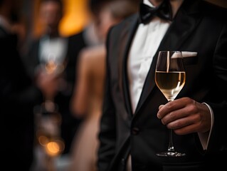 Well dressed Businessman Networking at Upscale Gala Event with Champagne Glass