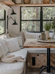 A photo of the inside corner bench in an RV with white linen and black metal legs, with a chevron wood table top. A black lamp sits on it. The windows have black frames. There are also some vases and 