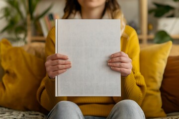 slavic woman holding mockup of square white photo album