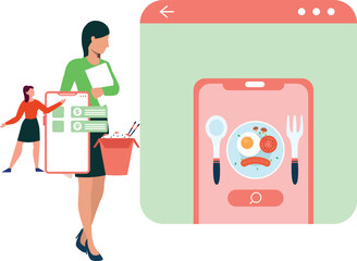 The girl is looking at the online food for order.