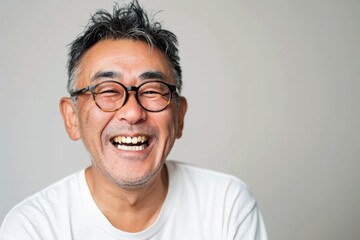 Portrait of a grinning asian man in his 40s laughing in front of minimalist or empty room background