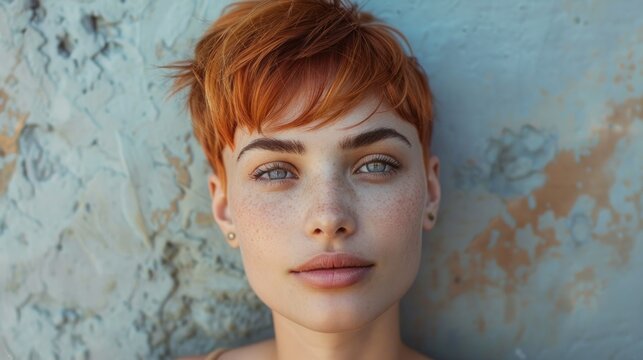 A young woman with short, pixie-cut hair, emphasizing the edgy and bold nature of the hairstyle. The photo highlights the vibrant hair color and the textured layers, adding depth and dimension to her