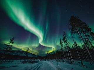 the northern lights, visible in winter from the northern, snowy forest