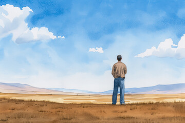 Man stands alone in a vast desert landscape under a blue sky, symbolizing solitude and introspection in nature's expanse