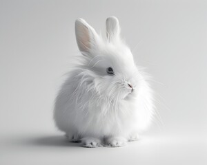 Fluffy White Bunny on Isolated Background with Soft Playful Look