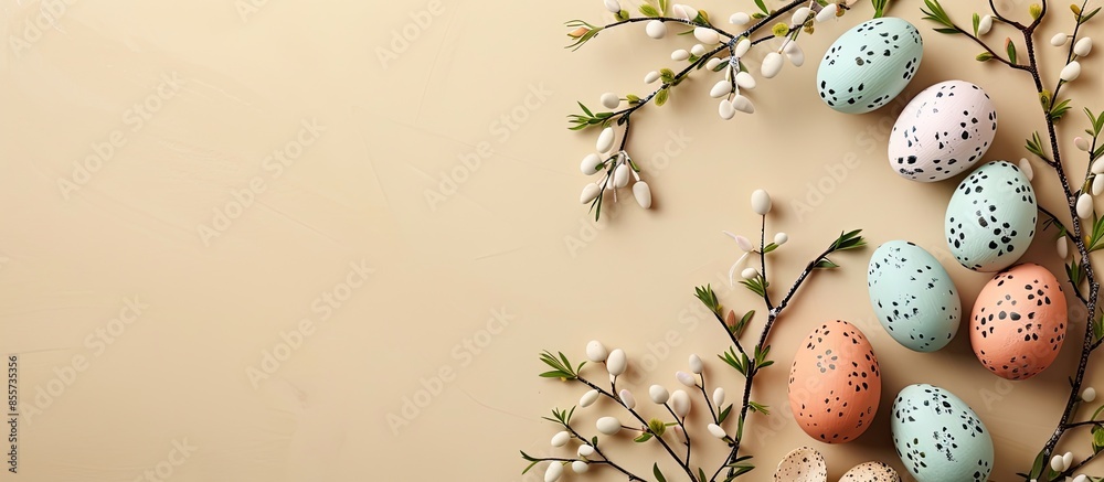 Poster Easter eggs and green branches on beige background. Copy space image. Place for adding text or design