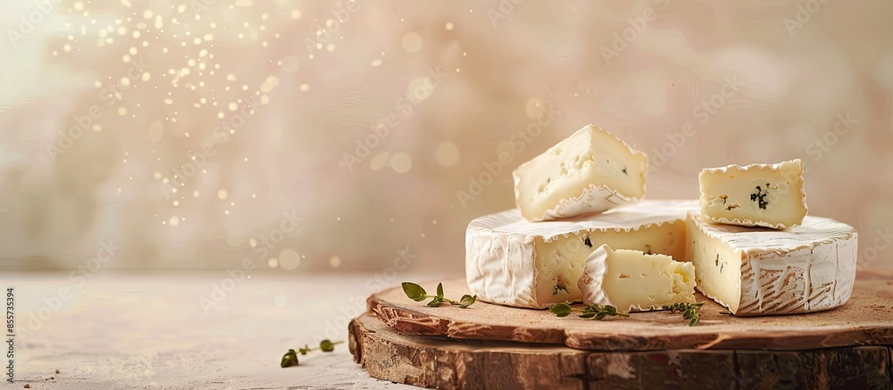 Poster edam parmesan and brie cheese on wooden platter over wooden table pastel background. with copy space