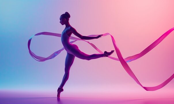 beautiful gymnast in motion with ribbon on gradient background, showing full body