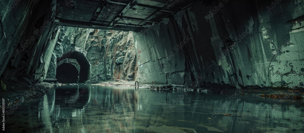 Poster Dark flooded abandoned mine tunnel. with copy space image. Place for adding text or design