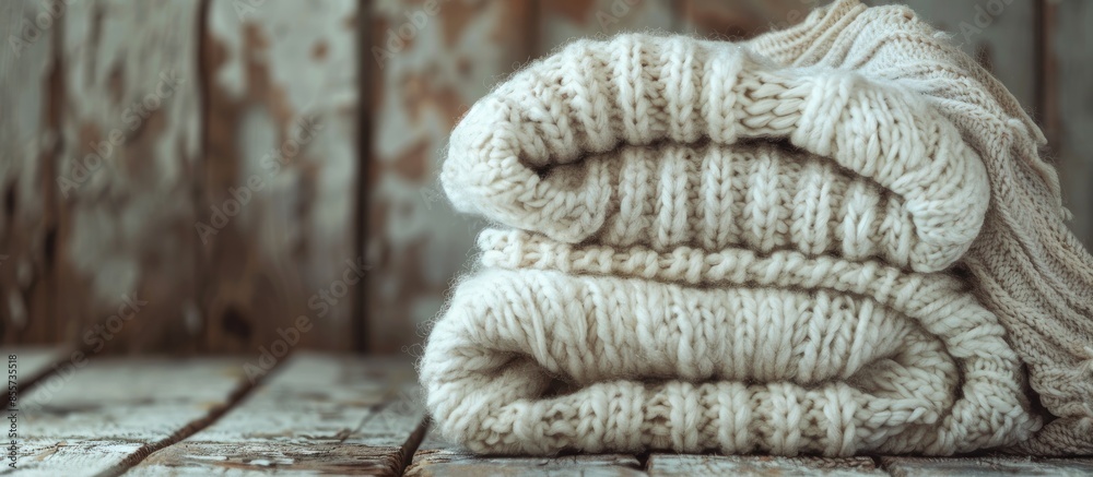 Poster knitwear closeup, stack of white sweaters on old rustic background, pastel colors. with copy space i