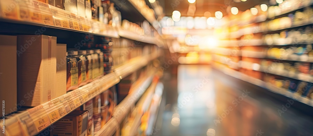 Poster Home mart Store box blurred on shelf row. with copy space image. Place for adding text or design