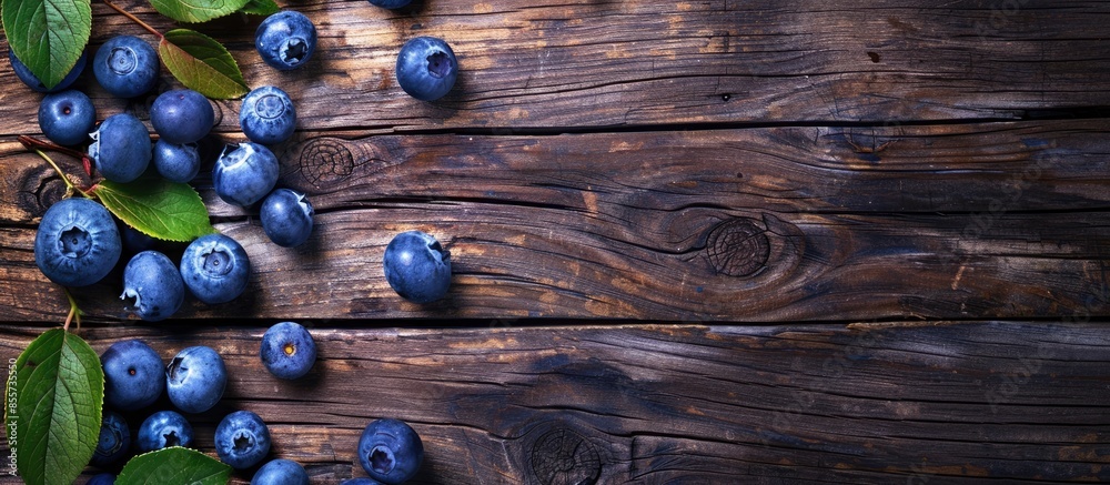 Poster Blueberries with blueberry leaves on a old wooden table. with copy space image. Place for adding text or design