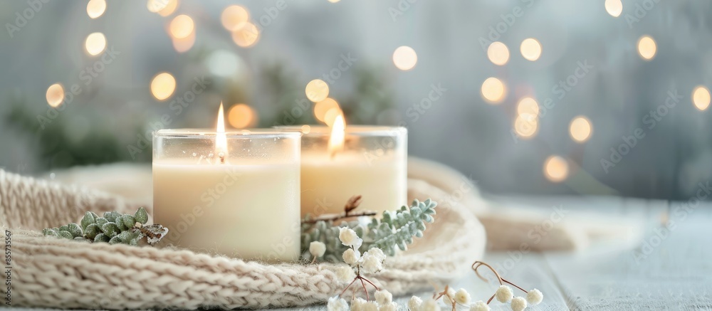 Poster handmade soy candles of unique design. hygge scandinavian style concept withcandles. relaxation atmo