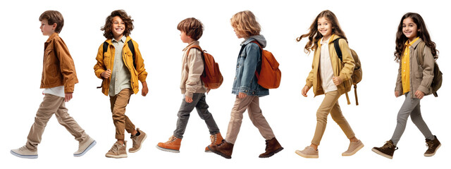 Diverse kids walking full body set