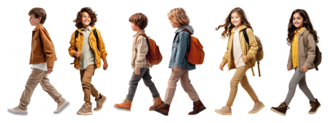 Diverse kids walking full body set