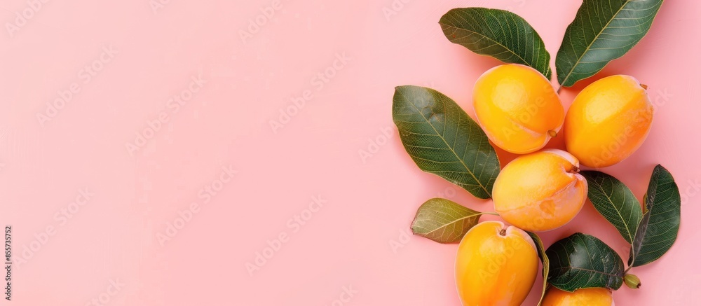 Fototapete fresh loquat isolated on pastel background. design. with copy space image. place for adding text or 