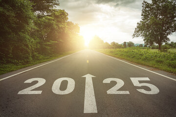 New year 2025 or straightforward concept. Text 2025 written on the road in the middle of asphalt...