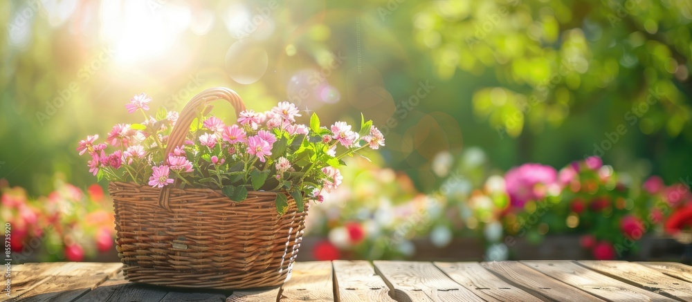 Aufkleber wooden basket on desk and spring garden. with copy space image. place for adding text or design