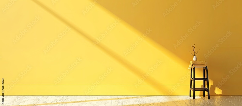 Poster Stool with warm clothes, stepladder and vase near yellow wall. with copy space image. Place for adding text or design