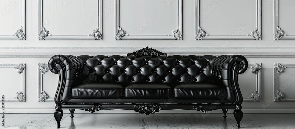 Poster Black genuine leather classical style sofa in vintage room with frame. with copy space image. Place for adding text or design