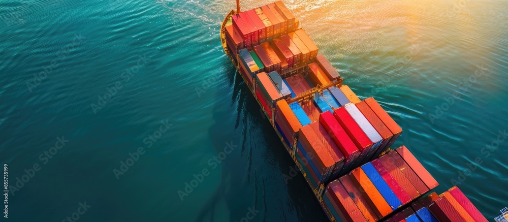 Poster container ship in export and import business and logistics. shipping cargo to harbor by crane. water