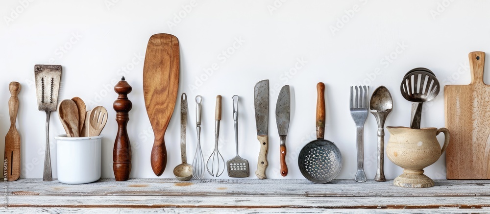Poster Counters with different utensils near white wall in kitchen. with copy space image. Place for adding text or design