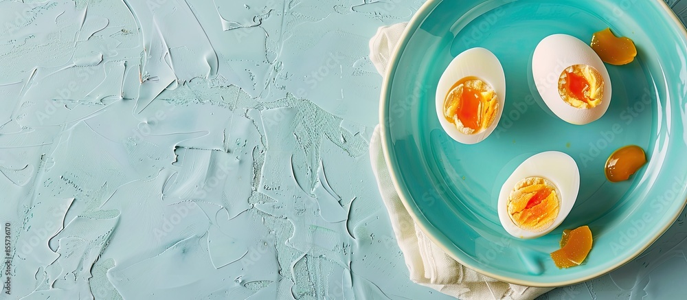 Aufkleber salted egg duck on blue fuzz paper. preserved food product. salted eggs cut in half on egg tray. pas