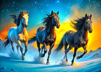 three horses riding through the snow at night