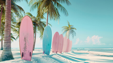 Pastel colored surfboards standing on a beach under palm trees