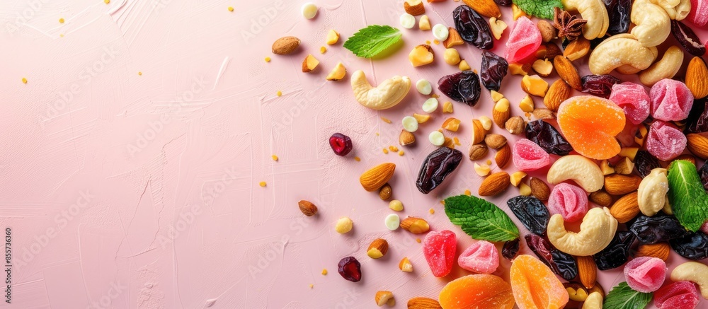 Poster high angle view of candied nuts and dried fruits on a pastel background. with copy space image. plac