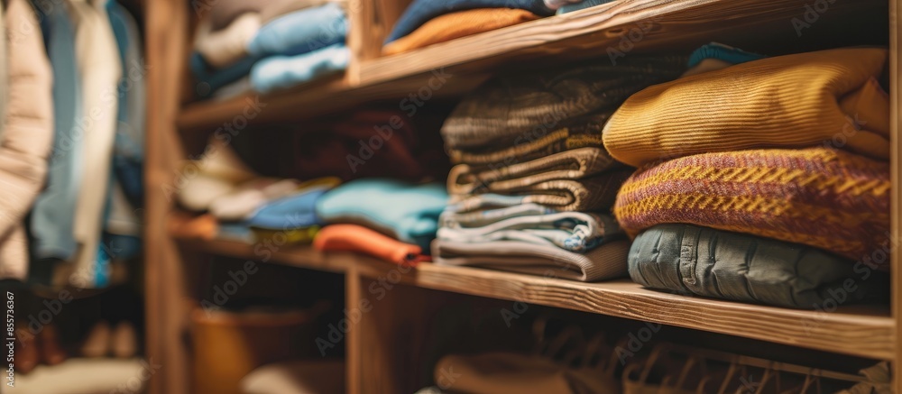 Poster open wardrobe with lots of folded clothes, organized closet with piled up clothes modern and clean i