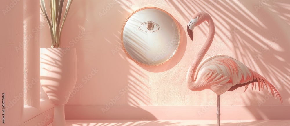 Aufkleber Abstract flamingo and eyeshaped mirror.Modern boho interior with abstract elements in  cut out style. with copy space image. Place for adding text or design